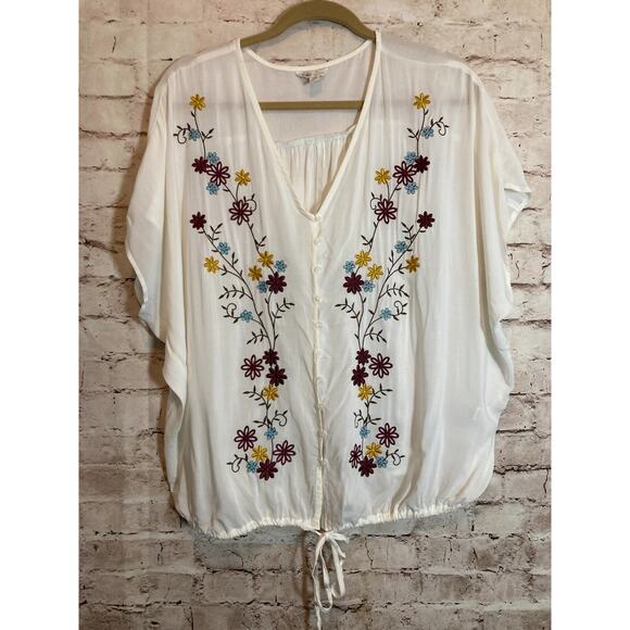 Cato Peasant Top Women Medium Ivory Floral Embroidered Tie Waist Cottage Prairie - Picture 1 of 13